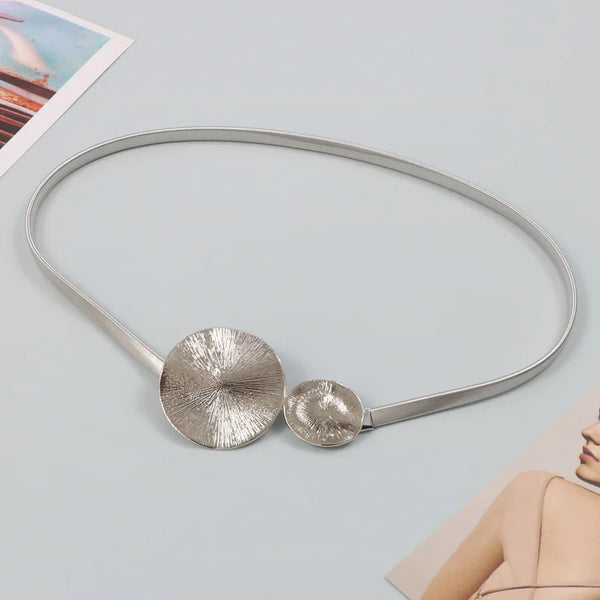 Metal Gold Silver Spring Elastic Waist Chain Round Buckle Circle