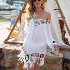 CROCHET BIKINI White Bikini Cover Up With Fringe Trim Women Beachwear