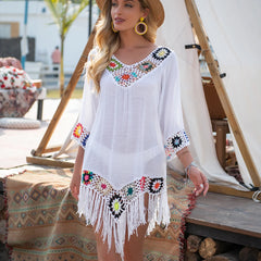 CROCHET BIKINI White Bikini Cover Up With Fringe Trim Women Beachwear