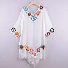 CROCHET BIKINI White Bikini Cover Up With Fringe Trim Women Beachwear