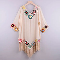 CROCHET BIKINI White Bikini Cover Up With Fringe Trim Women Beachwear
