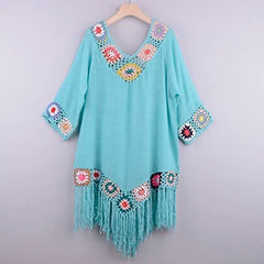 CROCHET BIKINI White Bikini Cover Up With Fringe Trim Women Beachwear