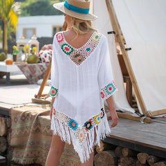 CROCHET BIKINI White Bikini Cover Up With Fringe Trim Women Beachwear