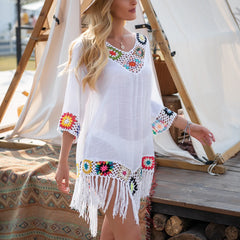 CROCHET BIKINI White Bikini Cover Up With Fringe Trim Women Beachwear