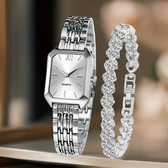 2PCS Fashion Rectangle Women Quartz Watch Rhinestone Bracelet Set