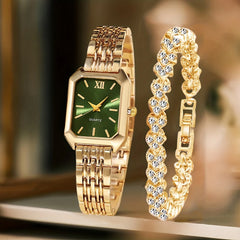 2PCS Fashion Rectangle Women Quartz Watch Rhinestone Bracelet Set