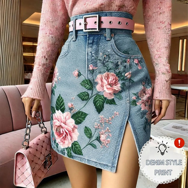 Women High Waist Floral Print Side Slit Mini Skirt Fashion Street Daily Bottom