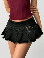 Aloruh Women's Sexy Ultra-Low Waist Denim Pleated Mini Skirt