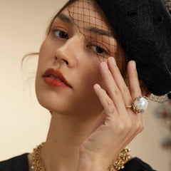 Vintage Big Baroque Imitated Pearl Wedding Rings For Women Gold