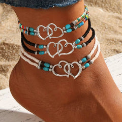 Vintage Double Layer Beaded Hollow Double Heart Anklet for Women