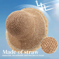 Women's Foldable Straw Sun Hat, Wide Brim Crochet Bucket Hat