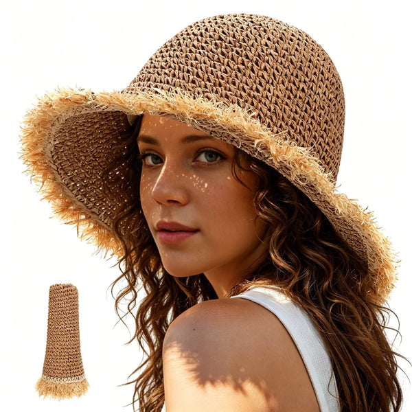 Women's Foldable Straw Sun Hat, Wide Brim Crochet Bucket Hat