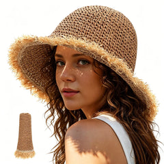 Women's Foldable Straw Sun Hat, Wide Brim Crochet Bucket Hat