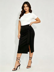 Women Black Wrap Midi Pencil Skirt High Waist Side Knot Tie Skirts