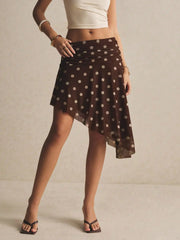 Women's Brown Polka Midi Skirt Flowy Boho Casual Date Skirt