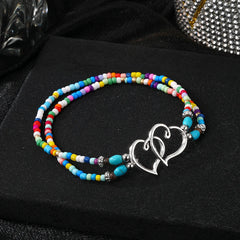 Vintage Double Layer Beaded Hollow Double Heart Anklet for Women