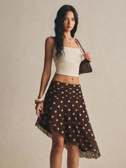 Women's Brown Polka Midi Skirt Flowy Boho Casual Date Skirt