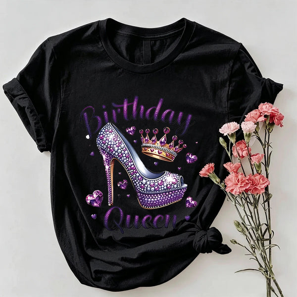 Birthday Queen Purple Rhinestone High Heel Crown Heart  T-Shirt