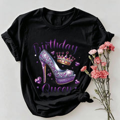 Birthday Queen Purple Rhinestone High Heel Crown Heart  T-Shirt
