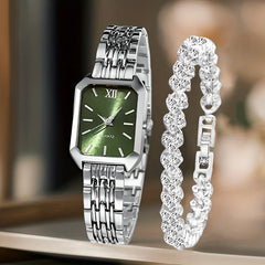 2PCS Fashion Rectangle Women Quartz Watch Rhinestone Bracelet Set