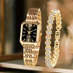 2PCS Fashion Rectangle Women Quartz Watch Rhinestone Bracelet Set