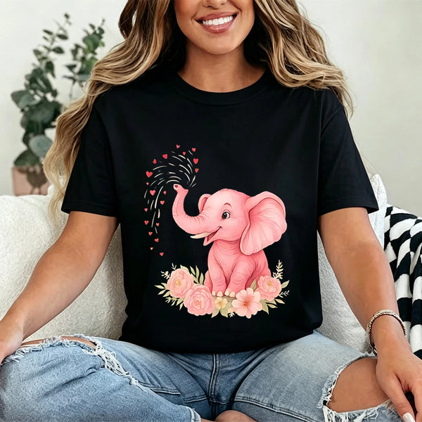 Cute pink elephant, heart, and floral print loose-fit plus-size  T-shirt