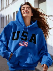 Women's USA Flag Print Hoodie Casual Long Sleeve Hooded