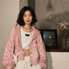 Cool Pink Leopard Print Hoodie Sweatshirt Women Hoodies Tops Outwear