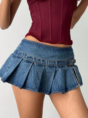 Aloruh Women's Sexy Ultra-Low Waist Denim Pleated Mini Skirt