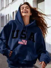 Women's USA Flag Print Hoodie Casual Long Sleeve Hooded