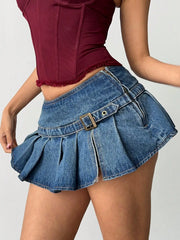 Aloruh Women's Sexy Ultra-Low Waist Denim Pleated Mini Skirt