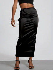 Women Black Satin High Waist Midi Skirt Ruched Bodycon Long Skirt
