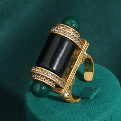 Vintage Black Green Ring Stone Bullet Head For Women Antique 18k Gold