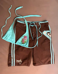 Retro Y2K Floral Embroidery Bikini and Striped Boardshort Set Swimwear