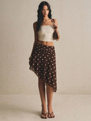 Women's Brown Polka Midi Skirt Flowy Boho Casual Date Skirt