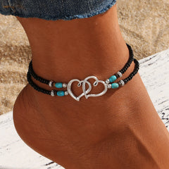 Vintage Double Layer Beaded Hollow Double Heart Anklet for Women
