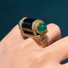 Vintage Black Green Ring Stone Bullet Head For Women Antique 18k Gold