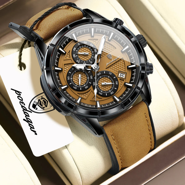 POEDAGAR Fashion Men Wristwatch Luminous Waterproof Leather Watches