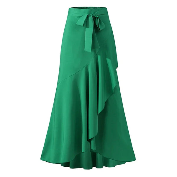 Women's Solid Color Ruffled Asymmetrical Hem Mermaid Long Skirt
