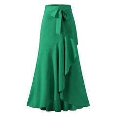 Women's Solid Color Ruffled Asymmetrical Hem Mermaid Long Skirt