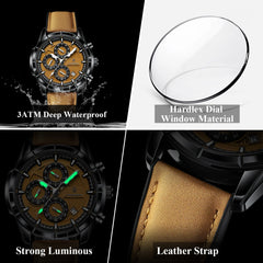 POEDAGAR Fashion Men Wristwatch Luminous Waterproof Leather Watches