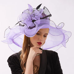Women Elegant Sun Hats Wide Brim Organza Fedoras Wedding Derby