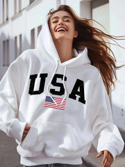 Women's USA Flag Print Hoodie Casual Long Sleeve Hooded