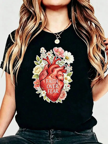 Women's Aesthetic Graphic Tee Faith Over Fear Anatomical Heart Floral