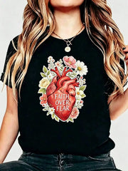 Women's Aesthetic Graphic Tee Faith Over Fear Anatomical Heart Floral