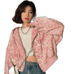 Cool Pink Leopard Print Hoodie Sweatshirt Women Hoodies Tops Outwear