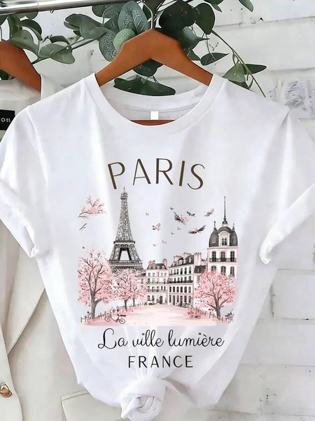 2026 Fashion New Arrival Women Vacation‑Style Graphic Tee, White Paris