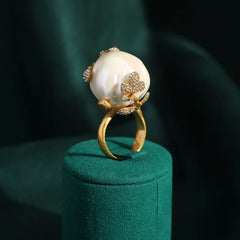 Vintage Big Baroque Imitated Pearl Wedding Rings For Women Gold