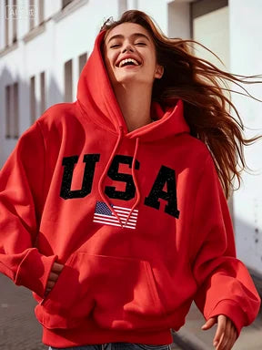 Women's USA Flag Print Hoodie Casual Long Sleeve Hooded