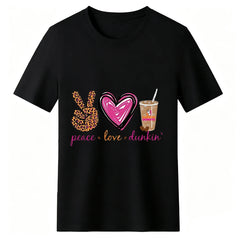 Plus Size Women Peace Love Dunkin Coffee Leopard Peace Sign Heart